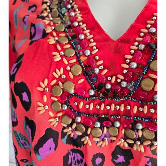 Paradise Orange Red Leopard Print Sheer Cinches Waist Tunic Sz Small - Picture 5 of 8